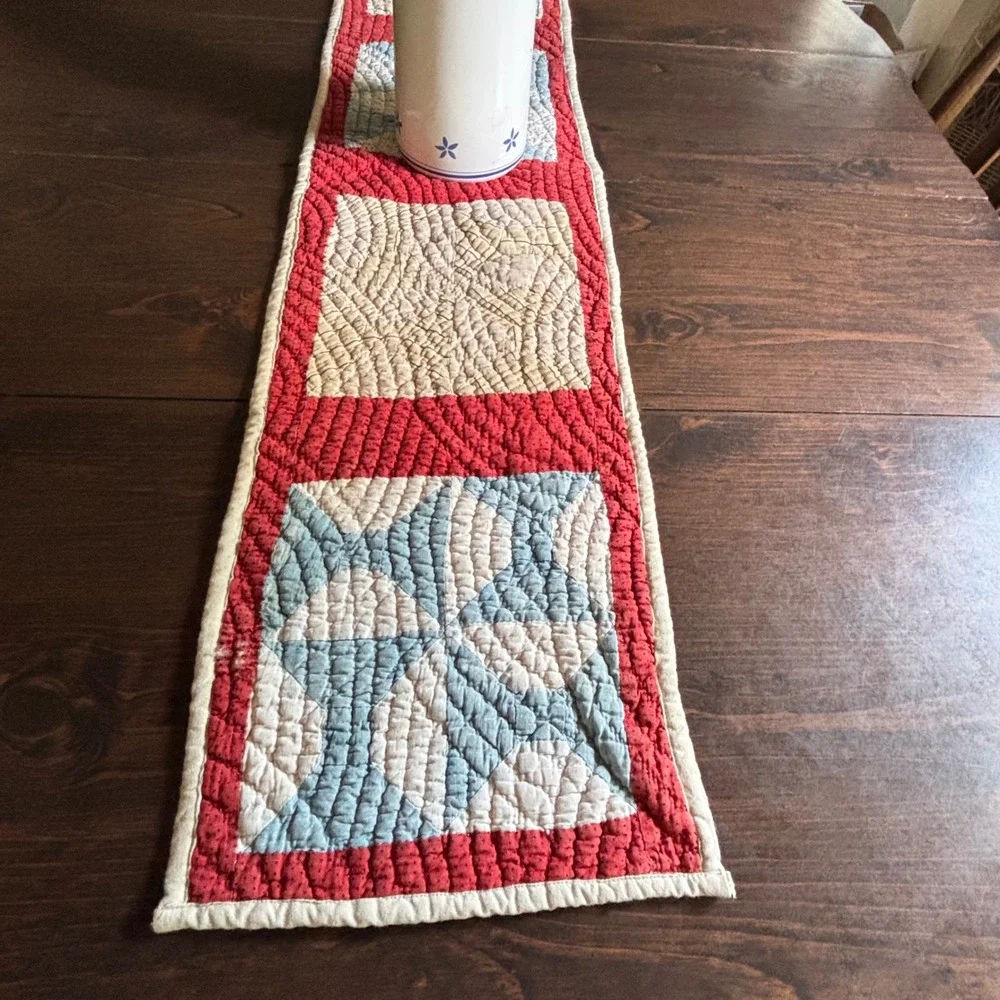 Reversible Patchwork Table Runner Americana Red Cream Blue Star Farmhouse 44x11